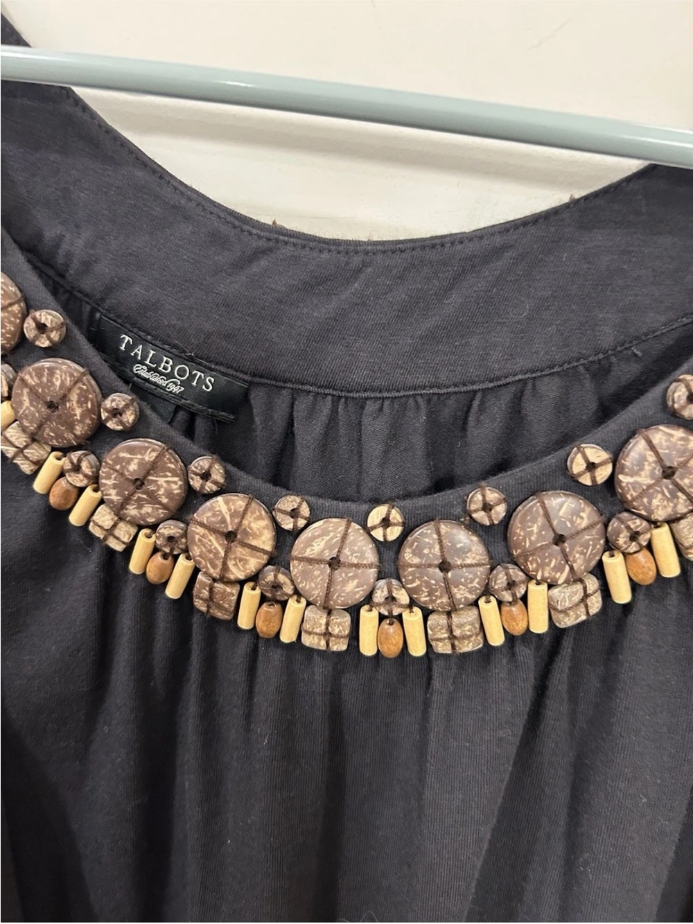 Talbots Black Tunic with Wooden Bead Embellished Neckline
